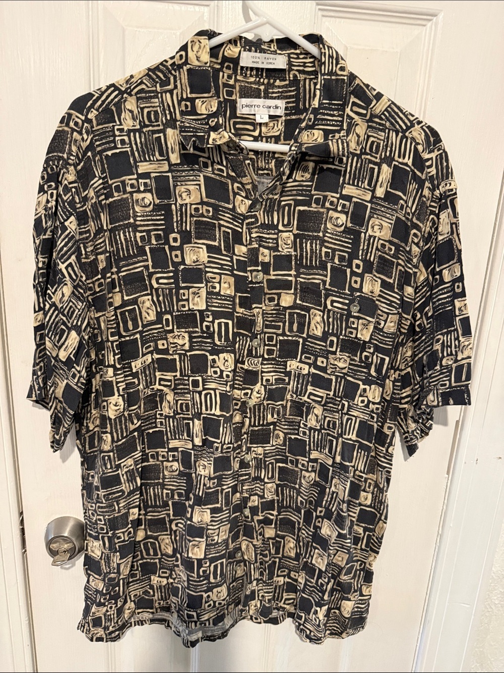 Pierre Cardin Black and Cream Abstract Print Short Sleeve Button-Up